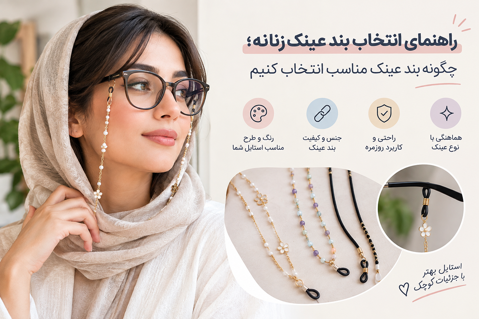 راهنمای انتخاب بند عینک زنانه؛ چگونه بند عینک مناسب انتخاب کنیم